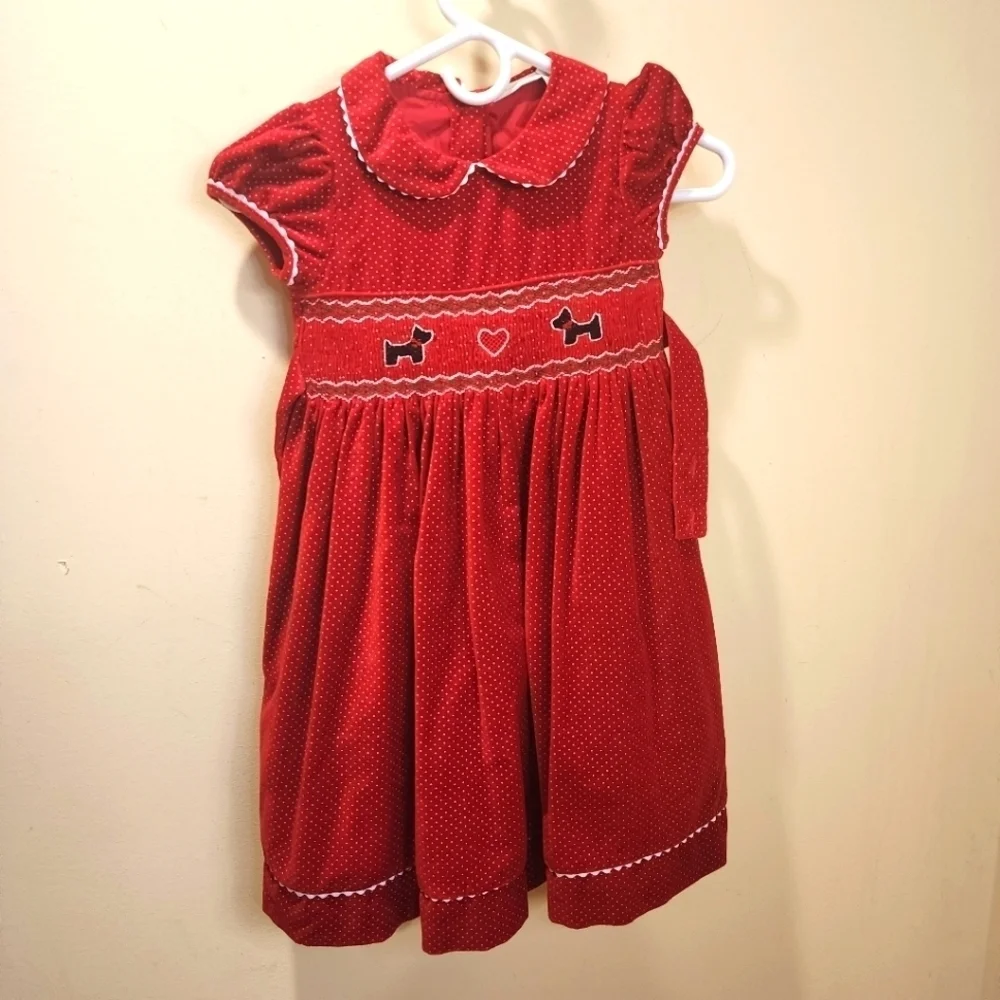 CHARTER CLUB Vintage Rare  Red Venvet Scottie Dog   Girls dress size 6